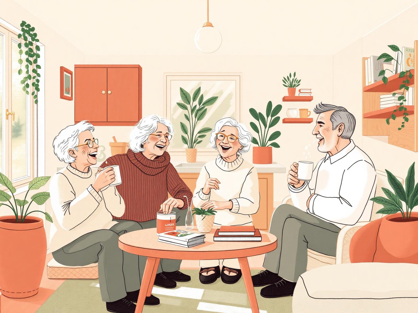 A multigenerational family sharing a warm, sunlit living room